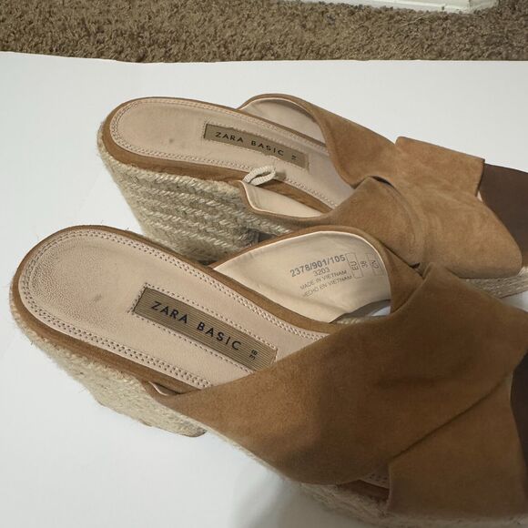 ZARA Women's Tan Suede Espadrille Sandals SZ 38/7.5 block platform heels slip on - Picture 2 of 6